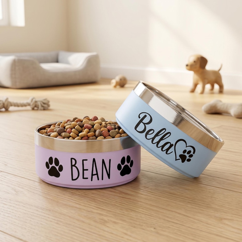 May include: Two round pet bowls with stainless steel rims. One bowl is light purple with the name BEAN and black paw prints. The other bowl is light blue with the name Bella and a heart-shaped paw print. The purple bowl is filled with dry food.