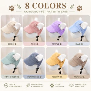 May include: Eight corduroy pet hats in various colors: beige, pink, purple, blue, mint green, denim blue, yellow, and mocha. Each hat has ear holes and a chin strap. The text reads "8 COLORS CORDUROY PET HAT WITH EARS."