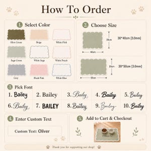 May include: An instructional guide titled How To Order for a scalloped pet mat. It displays color options including olive green, beige, white pink, sage green, white sage, white peach, grey, blush pink, and white blue. Sizes are 30x40cm and 30x50cm.