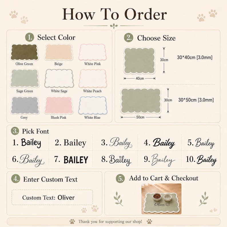 May include: An instructional guide titled How To Order for a scalloped pet mat. It displays color options including olive green, beige, white pink, sage green, white sage, white peach, grey, blush pink, and white blue. Sizes are 30x40cm and 30x50cm.