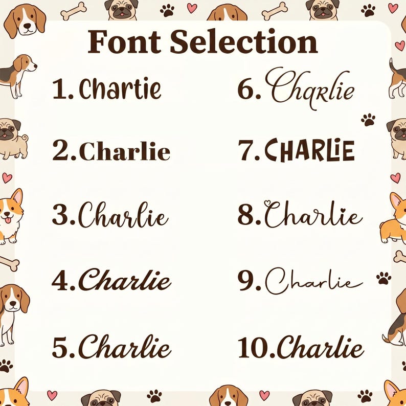 May include: A font selection chart featuring the heading Font Selection and ten numbered examples of the name Charlie in different typefaces. The border is decorated with illustrations of various dog breeds, paw prints, small hearts, and bones.