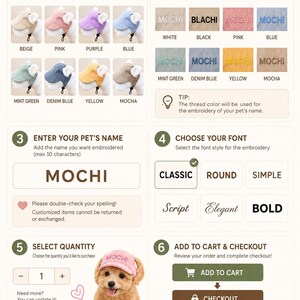 May include: Customizable pet hat design guide. Choose hat color, embroidery thread color, font, and quantity. The guide shows various hat colors, thread colors, and font styles. The text on the hat says "MOCHI".