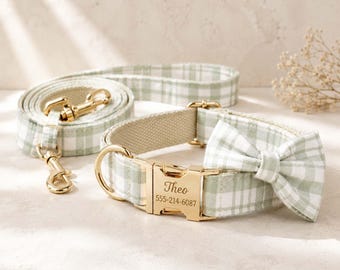 Gepersonaliseerde geruite halsbandset, aangepaste gegraveerde naam puppyhalsband, Schotse tartan halsband en riem met strik, hondencadeau kerst