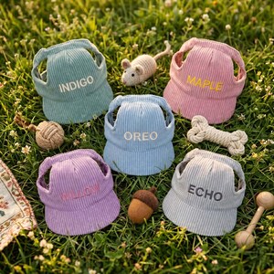 May include: A collection of corduroy pet hats in various pastel colors, including green, pink, blue, purple, and gray. Each hat has a different name embroidered on the front: Indigo, Maple, Oreo, Willow, and Echo. Accessories include a toy mouse, bone, and acorn.