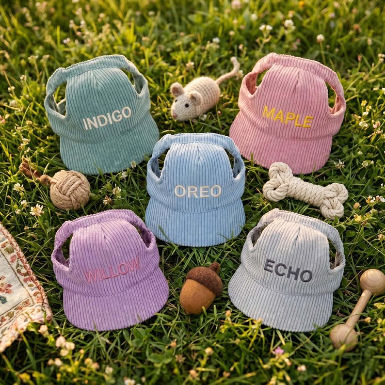 May include: A collection of corduroy pet hats in various pastel colors, including green, pink, blue, purple, and gray. Each hat has a different name embroidered on the front: Indigo, Maple, Oreo, Willow, and Echo. Accessories include a toy mouse, bone, and acorn.