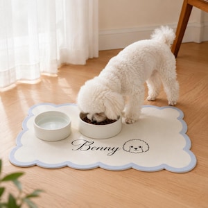 May include: A rectangular pet feeding mat with a scalloped light blue border and a cream-colored surface. The mat features the name Benny in black script text next to a simple line-art illustration of a curly-haired dog's face.