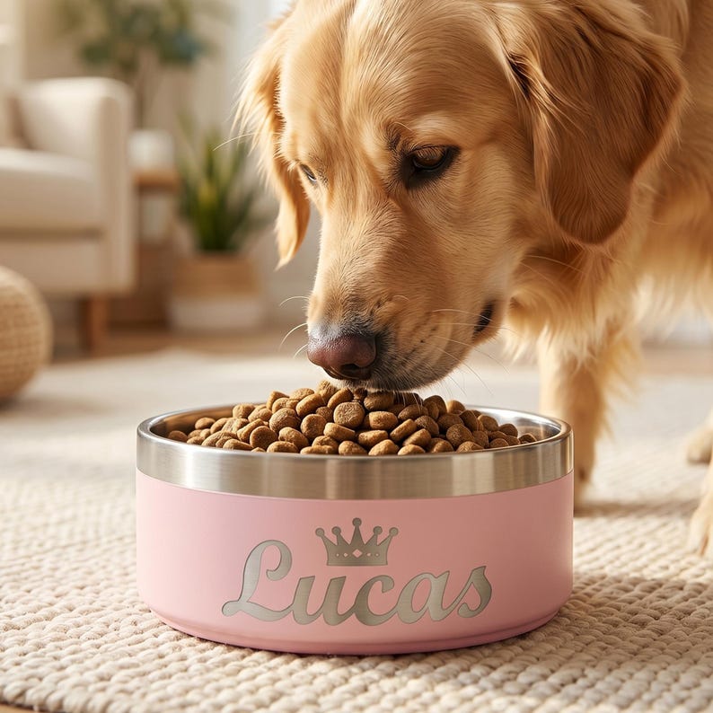 May include: A light pink stainless steel pet bowl filled with brown dry kibble. The exterior of the bowl features a silver-toned crown icon above the name Lucas in a cursive script font. The bowl has a smooth, matte finish and a metallic rim.