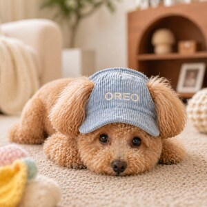 May include: A light brown dog wearing a light blue corduroy baseball cap with the word "OREO" embroidered on the front. The dog is lying on a beige carpet, with a blurred background of furniture.
