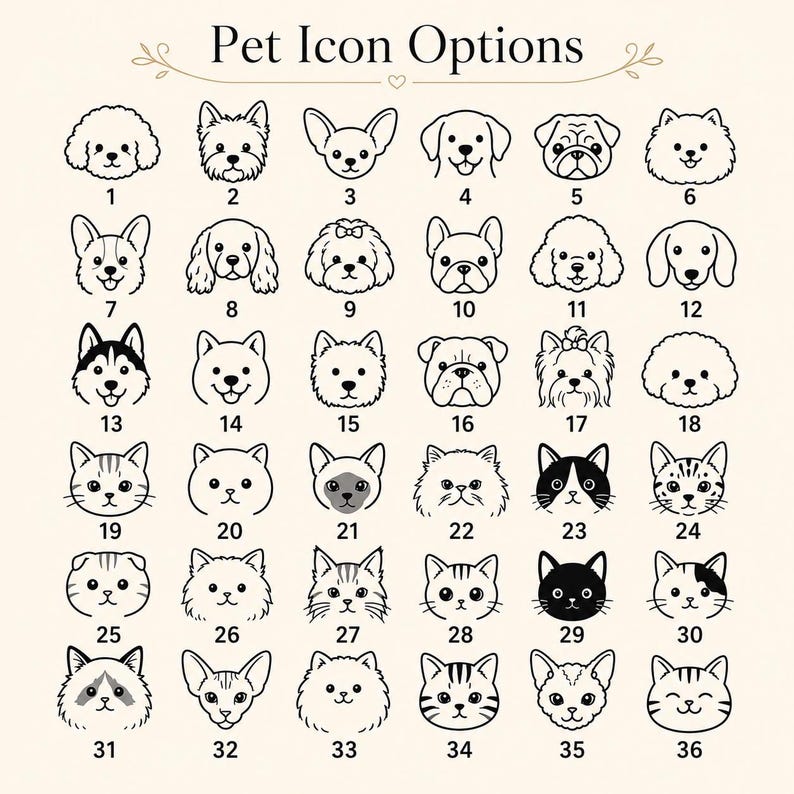 May include: A grid of 36 black and white line art pet icons labeled Pet Icon Options, featuring various dog and cat breeds. Each icon is numbered from 1 to 36, displaying stylized facial features of different animals in a simple, clean graphic design.