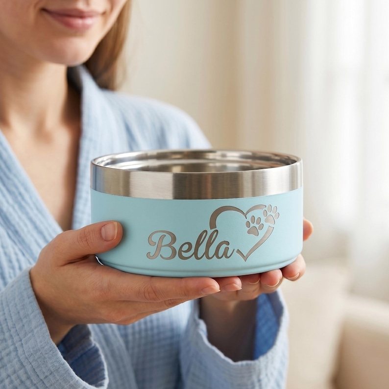 May include: A light blue pet bowl with a metallic silver rim. The side of the bowl features a laser-engraved design with the name Bella in a cursive script, accompanied by a heart shape that incorporates small paw prints into its outline.