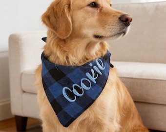 Personalized Embroidered Dog Bandana, Gingham Plaid Pet Scarf