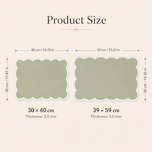 May include: Two sage green rectangular mats with scalloped edges. The smaller mat measures 11.81 inches by 15.75 inches, and the larger mat measures 15.35 inches by 23.23 inches. Both mats have a thickness of 3.0 mm as indicated by the text.