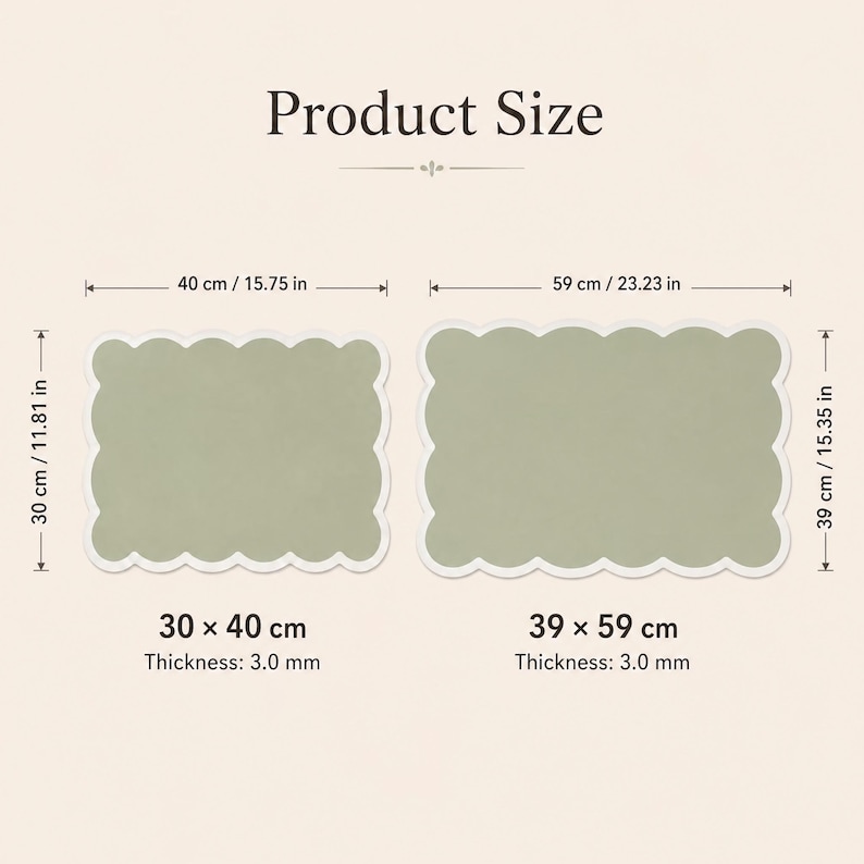 May include: Two sage green rectangular mats with scalloped edges. The smaller mat measures 11.81 inches by 15.75 inches, and the larger mat measures 15.35 inches by 23.23 inches. Both mats have a thickness of 3.0 mm as indicated by the text.
