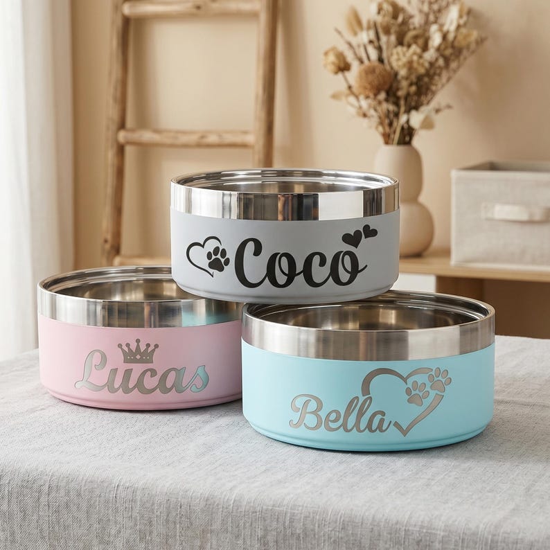 May include: Three cylindrical pet bowls with stainless steel rims. The top gray bowl is personalized with the name Coco, a heart, and a paw print. The bottom left pink bowl features the name Lucas and a crown. The bottom right blue bowl shows the name Bella with a heart and paw print.