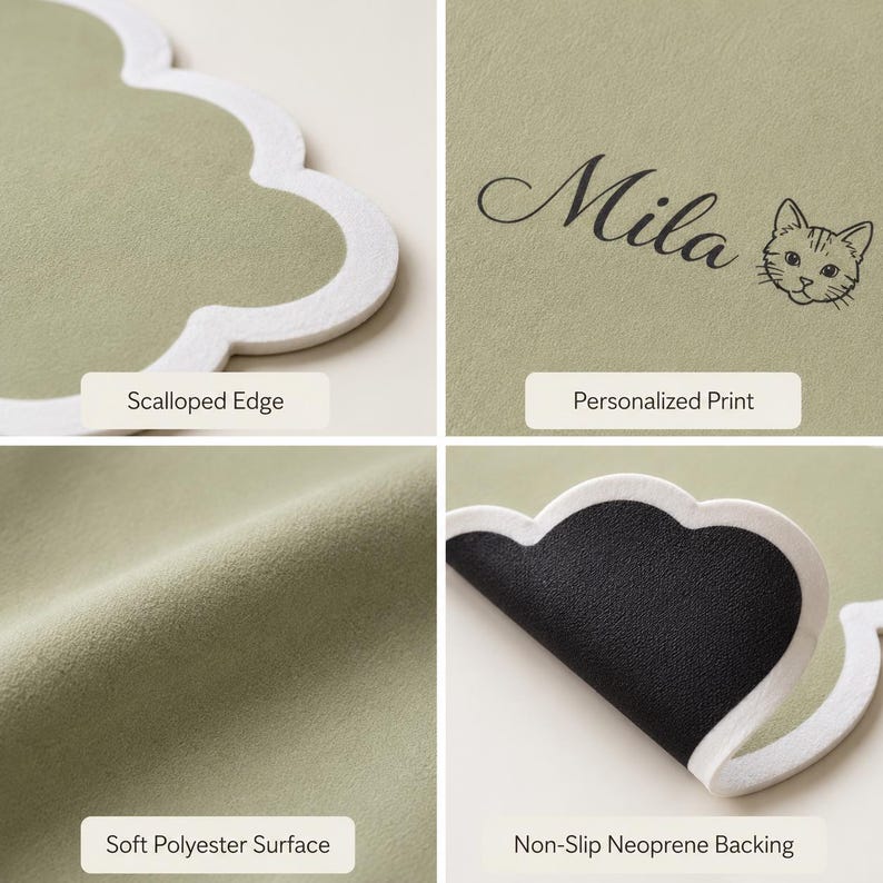 May include: A sage green cloud-shaped mat featuring a white scalloped edge and a soft polyester surface. The mat includes a personalized print of the name Mila next to a cat illustration and has a black non-slip neoprene backing.