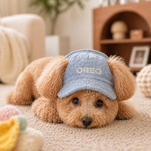Könnte beinhalten: Ein hellbrauner Hund trägt eine hellblaue Cord-Baseballkappe mit dem Wort "OREO" auf der Vorderseite. Der Hund liegt auf einem beigefarbenen Teppich, mit einem verschwommenen Hintergrund aus Möbeln.