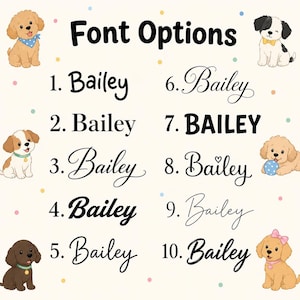 May include: A chart titled Font Options displaying ten variations of the name Bailey in different typefaces. The list is surrounded by illustrations of various puppies, including a golden puppy with a blue bandana and a puppy with a pink bow.