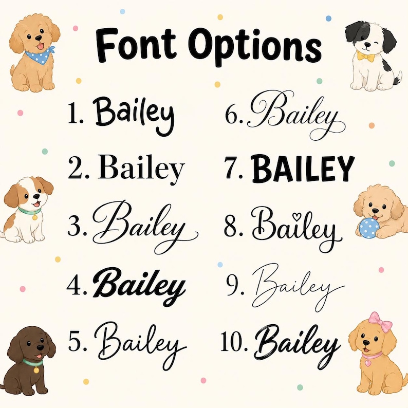 May include: A chart titled Font Options displaying ten variations of the name Bailey in different typefaces. The list is surrounded by illustrations of various puppies, including a golden puppy with a blue bandana and a puppy with a pink bow.