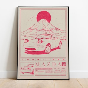 Może przedstawiać: Czerwono-biały nadruk przedstawiający kabriolet Mazda Miata z górą i słońcem w tle. Słowo "MAZDA" jest wydrukowane na środku, z japońskim tekstem i grafiką poniżej. Nadruk jest oprawiony w czarną ramę.