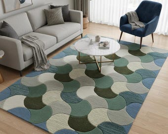 Handmade Abstract Geometric Wool Rug – Hand Tufted, Modern Blue Green Carpet