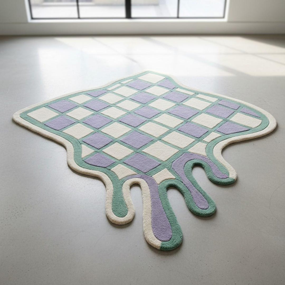 Toom Rug Drip Handmade Wool Drip Shape Rug, Pastel Checkered Abstract Carpet - Etsy