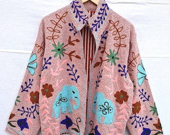 Giacca con elefante ricamata a mano – Capispalla Boho Floral Folk