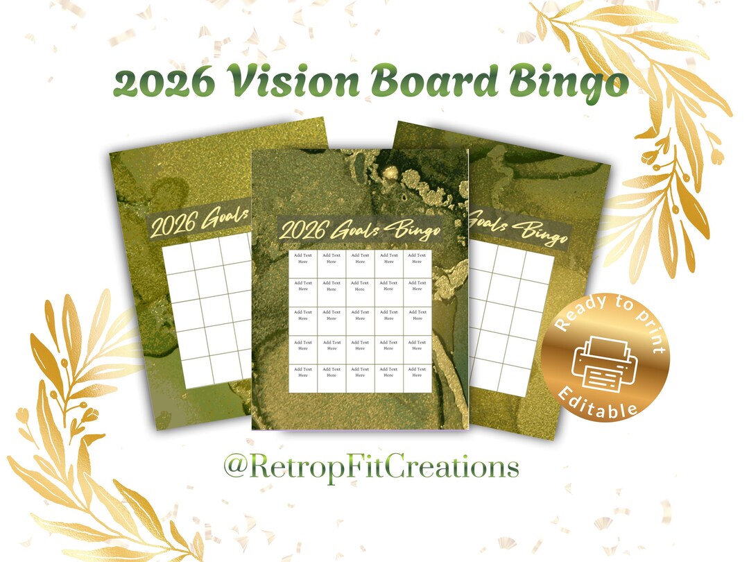 Green Marble 2026 Vision Board Bingo Template, Editable Printable ...