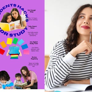 Op de afbeelding: Een vrouw in een gestreept shirt kijkt omhoog, met een pen in haar hand. De afbeelding bevat een poster met studietips zoals "Actief leren" en "SMART doelen stellen". Er zijn ook illustraties van studerende studenten.