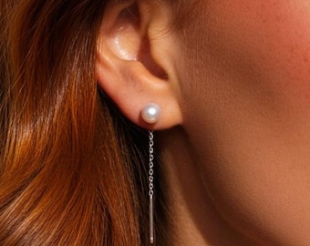 Boucles d'oreilles pendantes en argent sterling 925 avec perles, bijoux pendantes minimalistes en chaîne