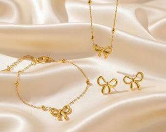 Minimalist Bow Jewelry Set, Stainless Steel Necklace, Bracelet, Earrings (Gold/Silver)