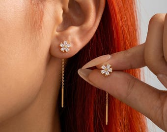 Gold Flower Drop Earrings, Cubic Zirconia Dangle Chain, Minimalist Bridal Jewelry