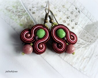 Boucles d'oreilles en soutache Vert/rose PBO4