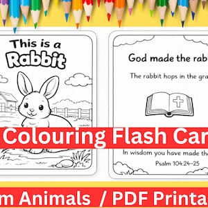 Puede incluir: Dos tarjetas para colorear con temática de conejos. Una tarjeta dice "This is a Rabbit" con un dibujo de un conejo. La otra tarjeta dice "God made the rabbit. The rabbit hops in the grass."