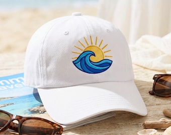 Embroidered Sun & Wave Cotton Washed Dad Hat: Coastal Beach Cap