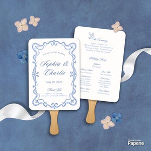 Romantic Blue Wedding Fan Template, Printable Ceremony Program, Editable Canva (WT05)
