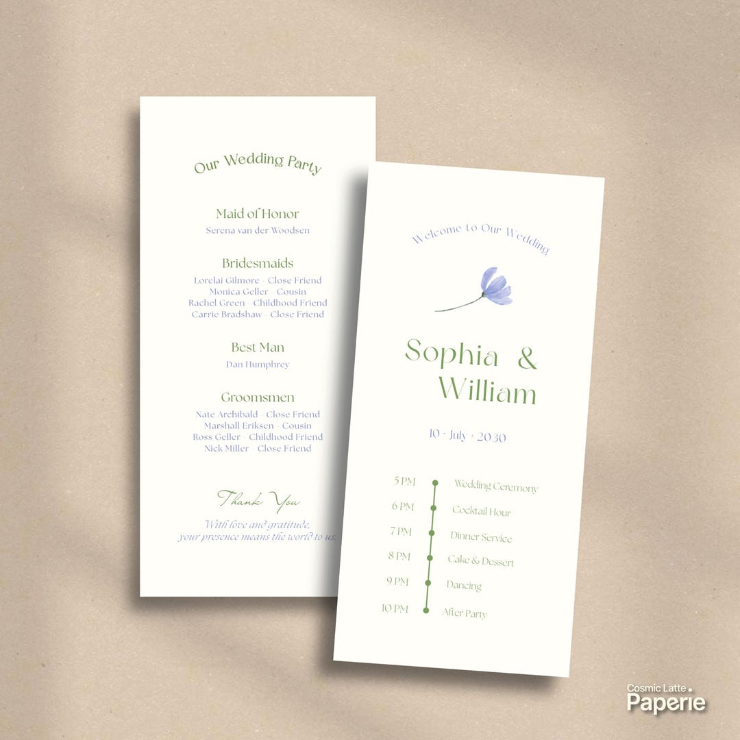 Timeline Examples Paper Floral Wedding Program Template, Hand Drawn Ceremony Timeline Card ...