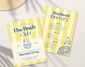 The Bach Club Bachelorette Invitation Template, Yellow Striped Weekend Itinerary, Editable Canva