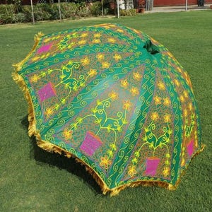 Indian Bohemian Green Patio Parasol, Green Embroidered Work Parasol, Dangle Golden Fringe Floral Outdoor Sun Shade Décor Wedding Umbrella