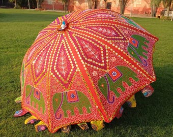 Indian Handmade Red Garden Umbrella Pure Embroidered Elephant Design Mirror Work Garden Parasols, Sun Protection Parasols Red Garden Parasol