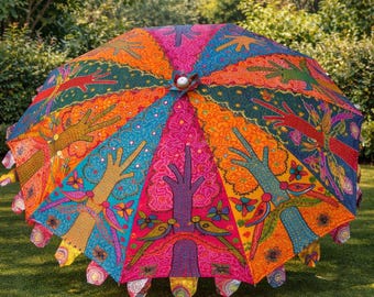 Multicolor Embroidered Garden Umbrella | Handmade Indian Bohemian Patio Parasol | Floral Outdoor Sun Protection Birds Print Parasols