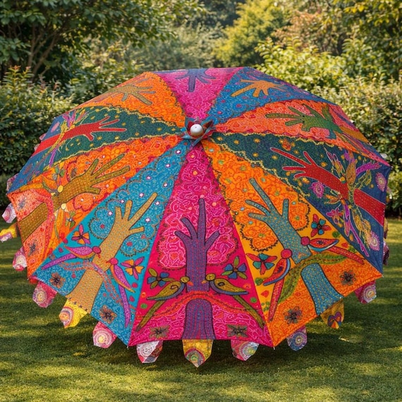 Multicolor Embroidered Garden Umbrella | Handmade Indian Bohemian Patio Parasol | Floral Outdoor Sun Protection Birds Print Parasols