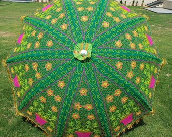 Handmade Green Embroidered Work Umbrella, Indian Bohemian Patio Parasol, Golden Fringe Floral Outdoor Sun Shade Decorative Wedding Umbrella