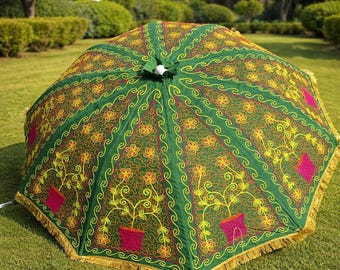 Handmade Green Embroidered Work Umbrella, Indian Bohemian Patio Parasol, Golden Fringe Floral Outdoor Sun Shade Decorative Wedding Umbrella