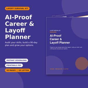 Peut inclure: Un kit de survie en cas de licenciement intitulé AI-Proof Career & Layoff Planner. Ce document violet présente du texte blanc, des accents orange et comprend 28 pages au format US Letter. C'est un PDF imprimable pour auditer ses compétences.