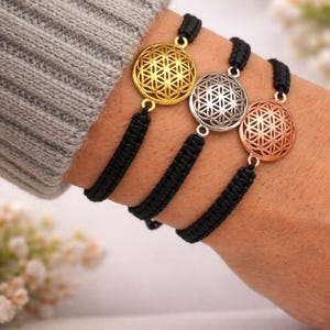 Bracciale in macramè con fiore della vita in argento sterling, gioielli fatti a mano regolabili
