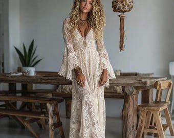 Vestido largo bohemio de encaje – Elegante vestido de playa con escote en V profundo y mangas acampanadas