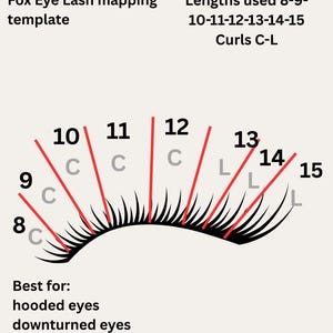 K&ouml;nnte beinhalten: Diagramm f&uuml;r das Fox Eye Wimpern-Mapping, mit Wimpernl&auml;ngen von 8 bis 15 und C- und L-Curls. Der Text gibt an, dass die Vorlage am besten f&uuml;r Kapuzen- und Schlupflider geeignet ist.
