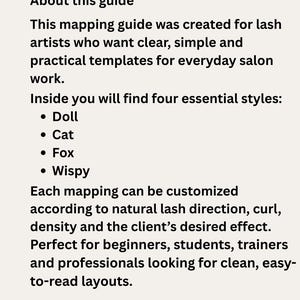 K&ouml;nnte beinhalten: Eine Seite aus einem Leitfaden f&uuml;r Wimpernk&uuml;nstler. Der Text lautet "&Uuml;ber diesen Leitfaden" und listet vier Wimpernstile auf: Doll, Cat, Fox und Wispy. Der Leitfaden bietet Vorlagen f&uuml;r die t&auml;gliche Salonarbeit.
