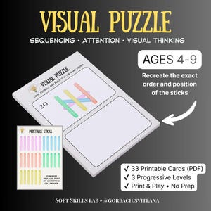 Op de afbeelding: Een visuele puzzel voor kinderen van 4-9 jaar, met een witte kaart en gekleurde stokjes, met de tekst "VISUAL PUZZLE". De afbeelding bevat afdrukbare stokjes en instructies om de volgorde van de stokjes na te maken. De puzzel richt zich op volgorde, aandacht en visueel denken.