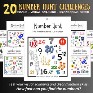 May include: A collection of 20 Number Hunt challenge activity sheets featuring white pages with black text and colorful illustrations. Each sheet displays the title Number Hunt, Find Hidden Numbers 1-25 in Order, and various numbers mixed with icons.